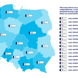 Mapa Polski z literami oznaczającymi województwa, gdzie pierwsza litera to województwo rejestracji pojazdu.