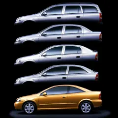 Pięć wersji Opla Astry 2: kombi, sedan, liftback, hatchback i coupe w kolorze złotym.
