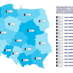 Mapa Polski z literami oznaczającymi województwa, gdzie pierwsza litera to województwo rejestracji pojazdu.
