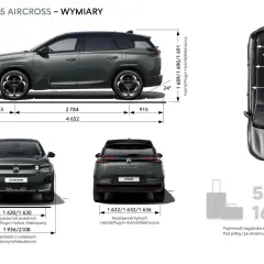 Citroën C5 Aircross wymiary: długość 4652 mm, rozstaw osi 2784 mm, wysokość 1690 mm. Bagażnik 565/1688 dm³.
