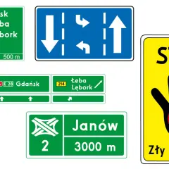Zestaw znaków drogowych: kierunkowe, zakazu wjazdu i stop.