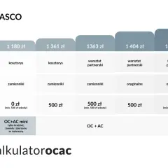 Tabela porównuje oferty autocasco: koszty naprawy, części, udział własny. Różne warianty OC+AC mini.