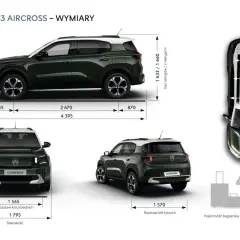 Citroën C3 Aircross wymiary: długość 4395 mm, szerokość 1795 mm, wysokość 1633/1660 mm. Bagażnik 460 dm³.