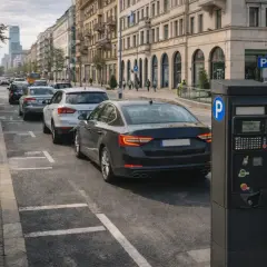 Parkomat przy ulicy, gdzie za godzinę postoju zapłacisz nawet 5 euro. W tle rząd samochodów i kamienice.