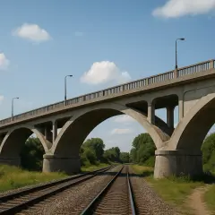 Betonowa estakada nad torami kolejowymi, z łukami i latarniami. To właśnie estakada co to za konstrukcja.