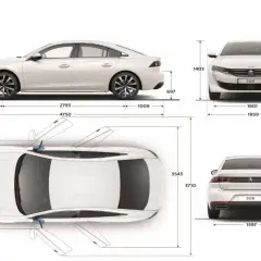 Peugeot 508 wymiary: widok z boku, przodu, tyłu i z góry z naniesionymi wymiarami. Długość 4750 mm, szerokość 1859 mm, wysokość 1403 mm.