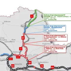 Mapa przedstawia budowę drogi ekspresowej S7 z podziałem na etapy i odcinki, m.in. Miechów - Szczepanowice.