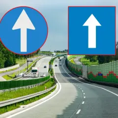 Dwa znaki drogowe: okrągły z białym strzałką w górę i kwadratowy z białą strzałką w górę. Oba wskazują kierunek jazdy prosto.