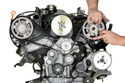 Mechanik wykonuje wymianę paska rozrządu w silniku samochodowym, precyzyjnie manipulując elementami układu.