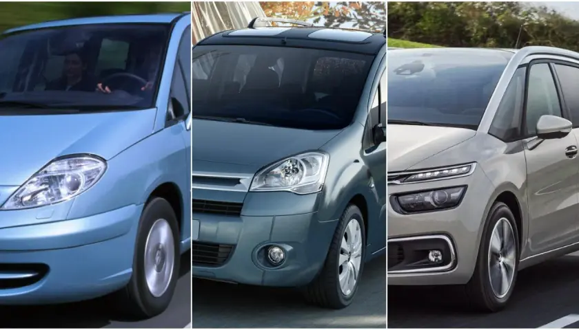 Trzy generacje Citroena 7 osobowego: błękitny minivan z kobietą za kierownicą, grafitowy z panoramicznym dachem i srebrny z nowoczesnymi światłami.