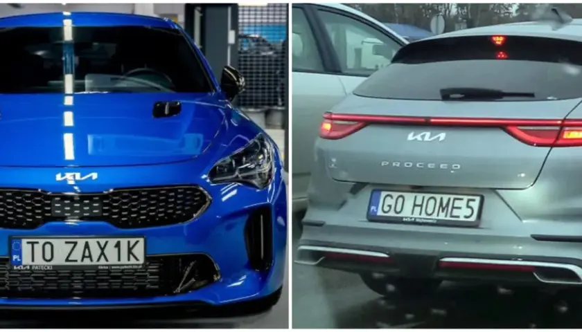 Niebieski Kia Stinger i szary Kia Proceed z tablicami rejestracyjnymi TO ZAX1K i GO HOME5.