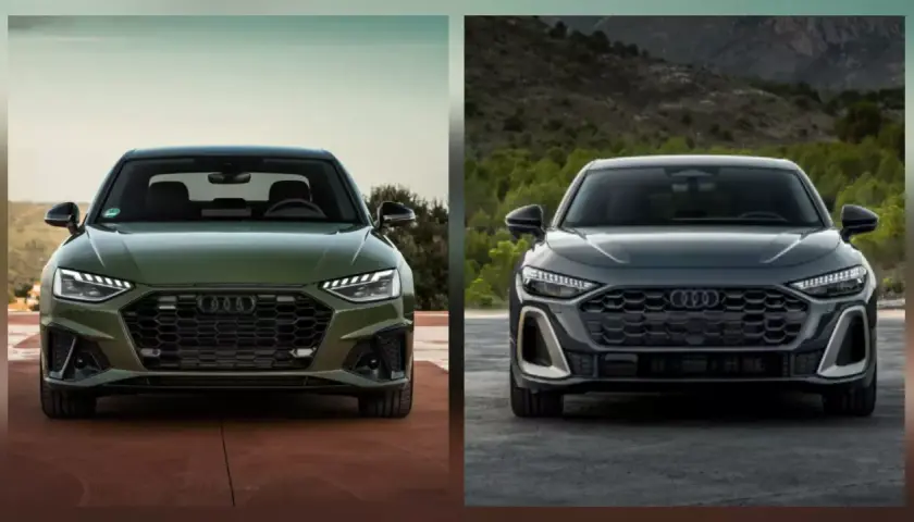 Dwa najnowsze Audi, zielone i ciemnoszare, prezentują swoje agresywne grille i nowoczesne reflektory.