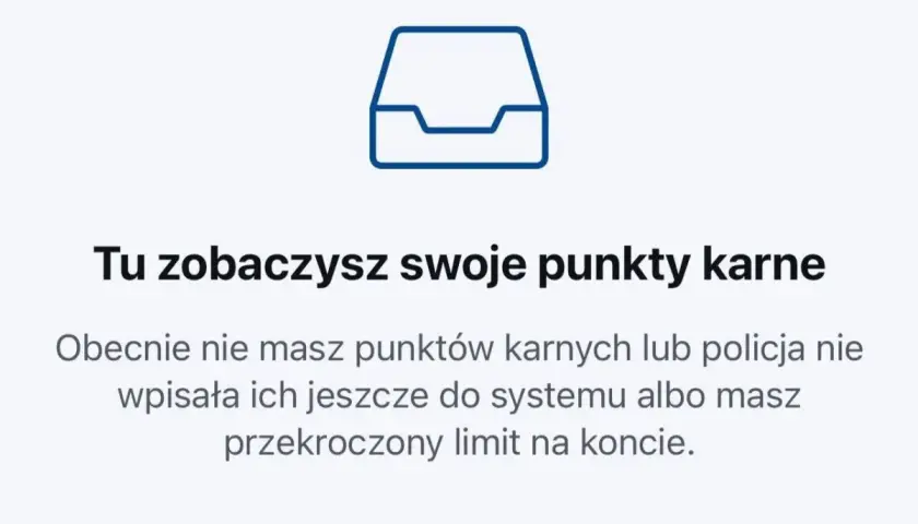 Ikona szuflady z tekstem: "Tu zobaczysz swoje punkty karne". Informuje o braku punktów karnych lub ich wpisaniu do systemu.