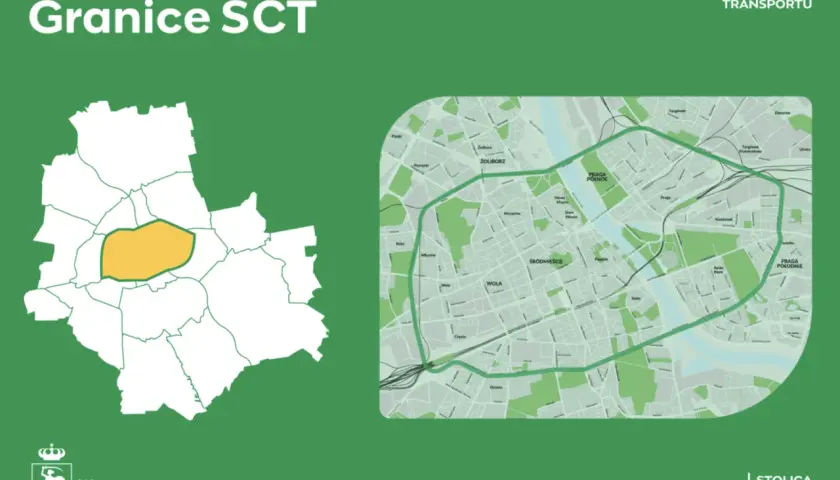 Mapa Warszawy z zaznaczonym obszarem kraków strefa czystego transportu. Obok szczegółowy plan miasta z wyznaczoną SCT.
