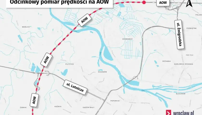 Mapa pokazuje odcinek AOW z zaznaczonym odcinkowym pomiarem prędkości. Widoczne są nazwy ulic: Lotnicza i Żmigrodzka.