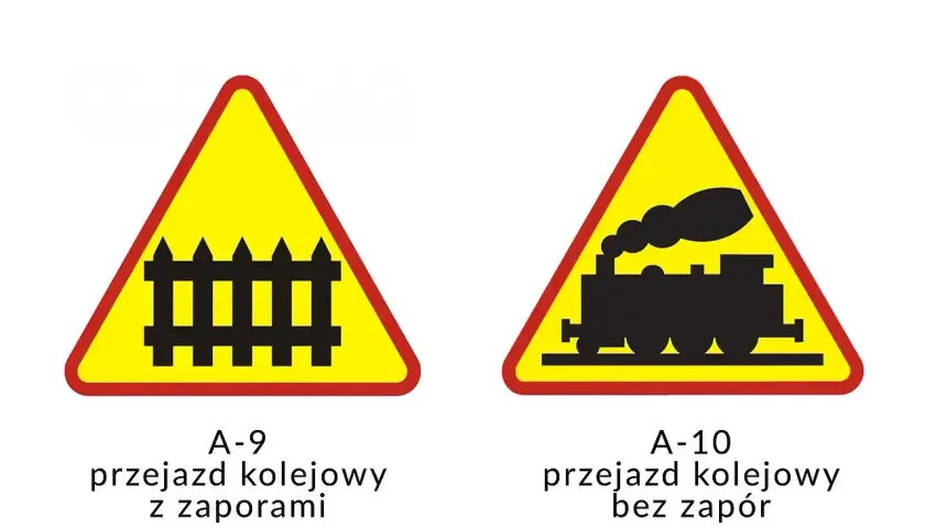 Dwa znaki ostrzegawcze: przejazd kolejowy zaporami (płotek) i przejazd kolejowy bez zapór (lokomotywa).