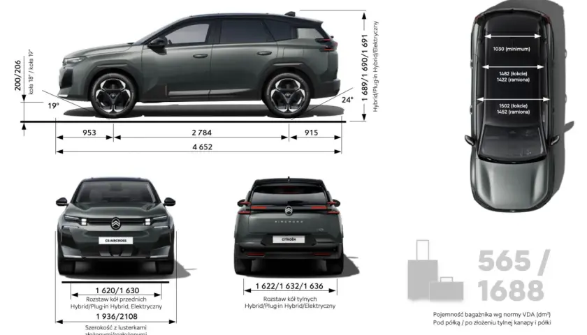 Citroën C5 Aircross wymiary: długość 4652 mm, rozstaw osi 2784 mm, wysokość 1690 mm. Bagażnik 565/1688 dm³.