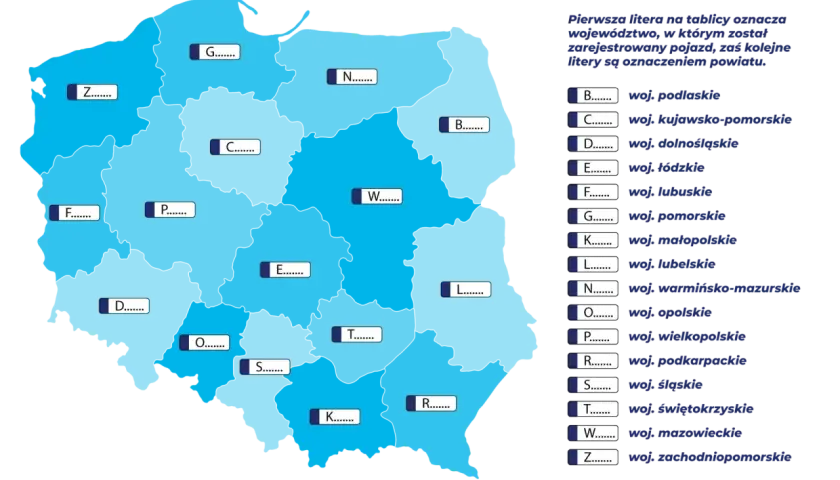 Mapa Polski z zaznaczonymi województwami i literami, które oznaczają rejestrację SC.