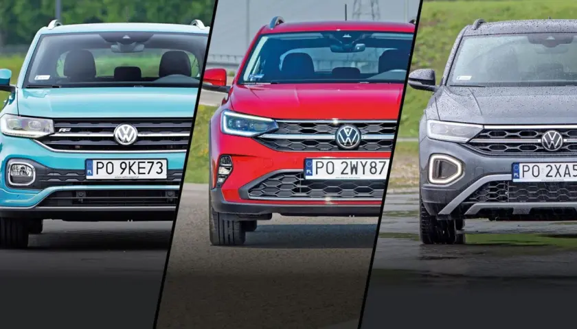 Trzy Volkswageny Cross: turkusowy, czerwony i szary, prezentują swoje przednie grille i światła.