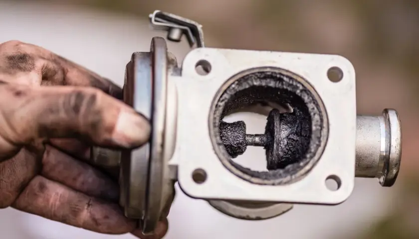 Brudny zawór EGR z nagarem. Ręce mechanika pokryte smarem.