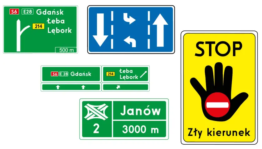 Zestaw znaków drogowych: kierunkowe, zakazu wjazdu i stop.