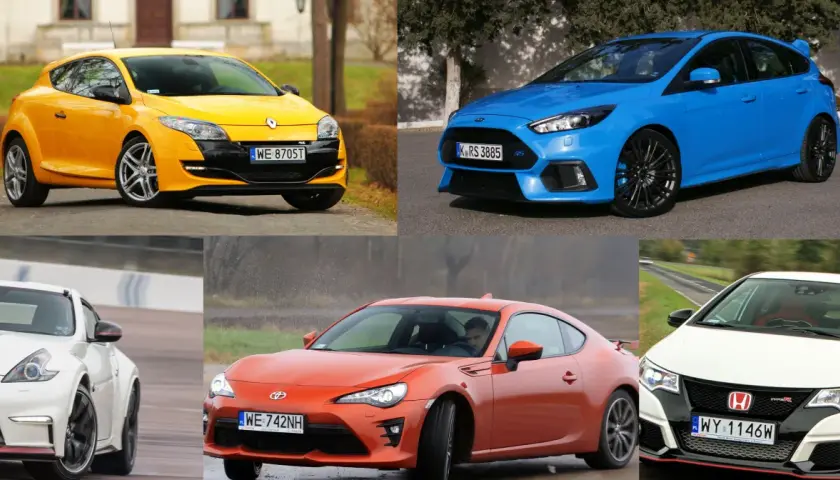 Kolaż pięciu **tanie sportowe auta**: żółty Renault Megane RS, niebieski Ford Focus RS, biały Nissan 370Z Nismo, pomarańczowy Toyota GT86 i biały Honda Civic Type R.