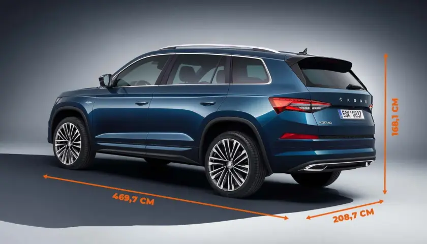 Niebieski Skoda Kodiaq z zaznaczonymi wymiarami: długość 469,7 cm, szerokość 208,7 cm, wysokość 168,1 cm.