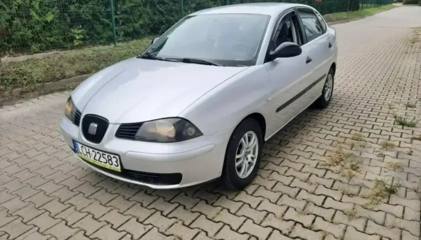 Srebrny Seat Cordoba stoi na kostce brukowej.