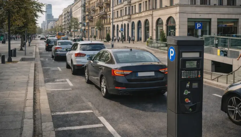 Parkomat przy ulicy, gdzie za godzinę postoju zapłacisz nawet 5 euro. W tle rząd samochodów i kamienice.