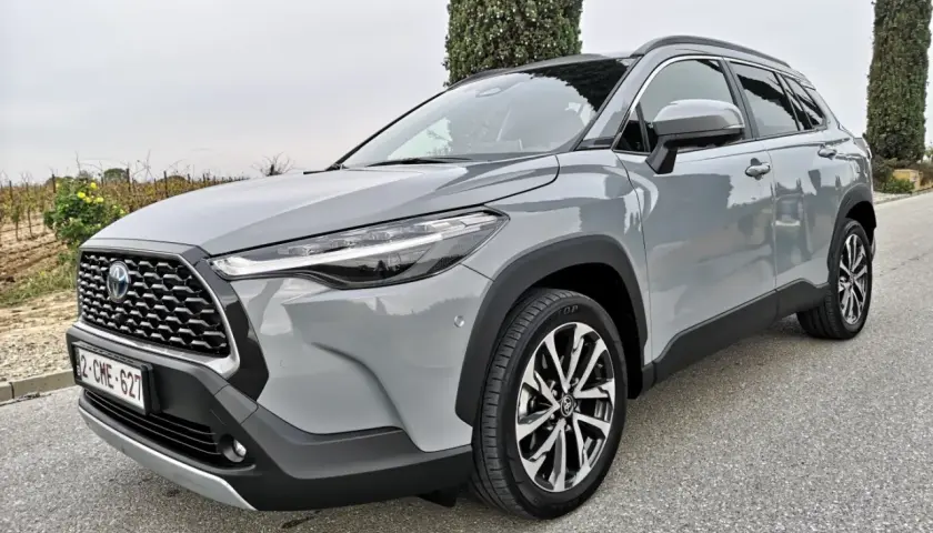 Szary Toyota Corolla SUV stoi na drodze, otoczony zielenią.