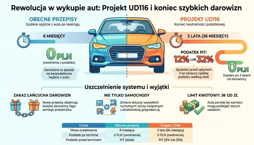 Porównanie przepisów dotyczących wykupu aut: obecne (6 mies., 0 PLN podatku) vs Projekt UD116 (3 lata, podatek od sprzedaży samochodu 12-32%).