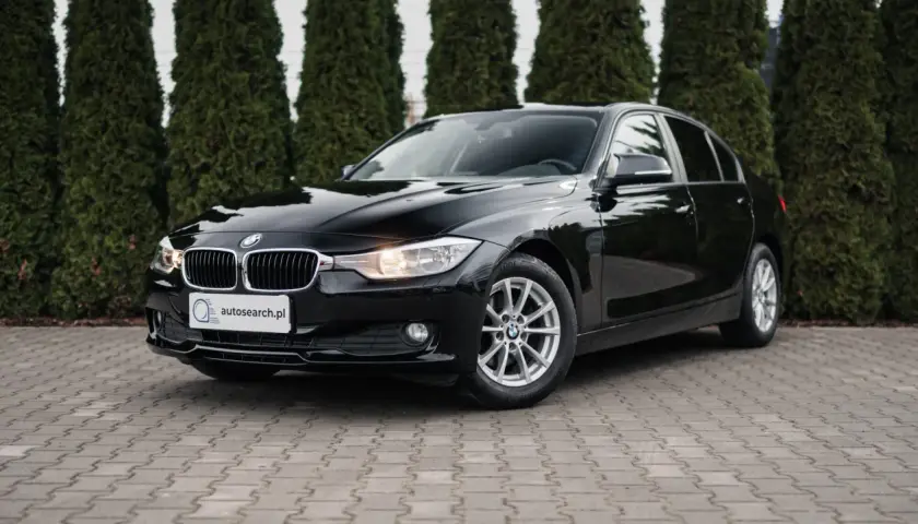 Eleganckie, czarne BMW 318d stoi przed żywopłotem.