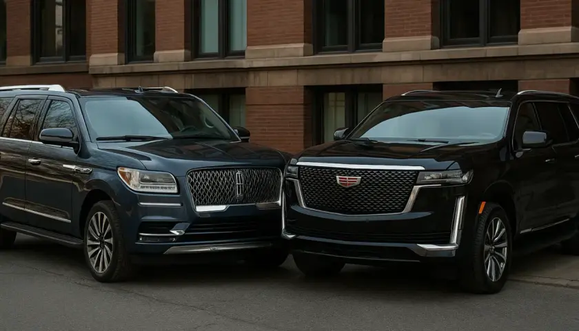 Dwa luksusowe SUV-y, granatowy Lincoln Navigator i czarny Cadillac Escalade, stoją obok siebie na tle ceglanego budynku.