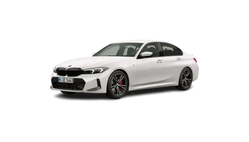 Białe BMW 318i z czarnym grillem i felgami, z czerwonymi zaciskami hamulcowymi.