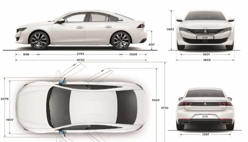 Peugeot 508 wymiary: widok z boku, przodu, tyłu i z góry z naniesionymi wymiarami. Długość 4750 mm, szerokość 1859 mm, wysokość 1403 mm.