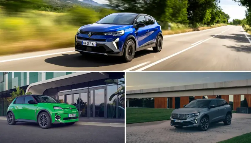 Trzy **Renault modele**: niebieski na drodze, zielony przed budynkiem, szary na podjeździe.