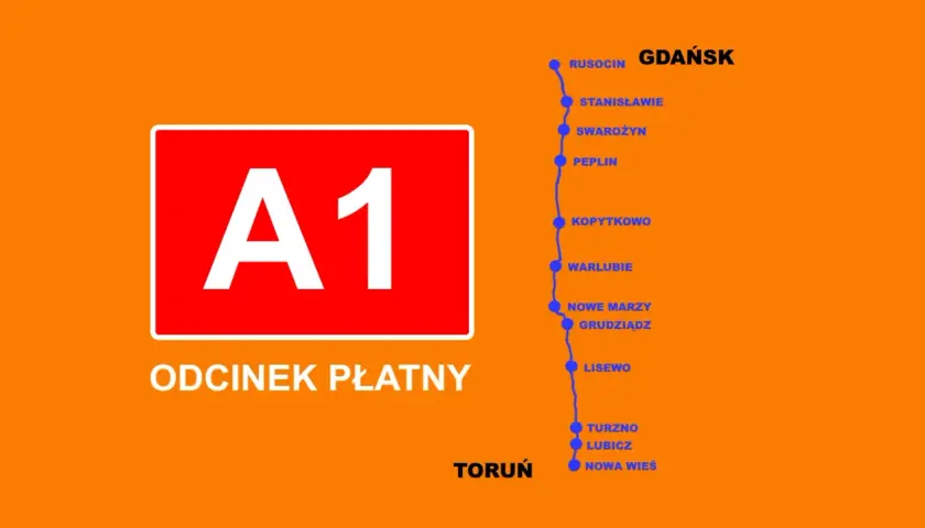 Autostrada A1 od Gdańska do Torunia jest płatna. Zobacz listę miejscowości na trasie.