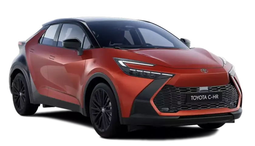 Pomarańczowy Toyota C-HR z czarnym dachem. Sprawdź jego wymiary i nowoczesny design.