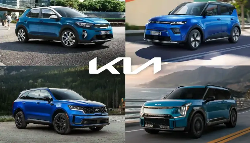 Cztery różne modele Kia w niebieskich odcieniach, od kompaktowego SUV-a po przestronne auta rodzinne.
