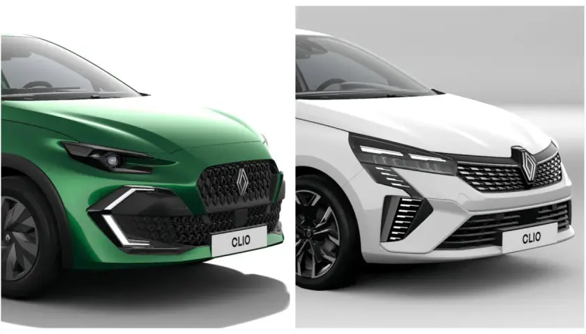 Zielony i biały Renault Clio 6 obok siebie, prezentujące różne wersje przodu.