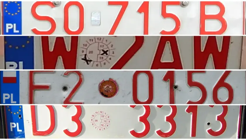 Czerwona rejestracja z numerami SO 715 B, WZAW, F2 0156, D3 3313.