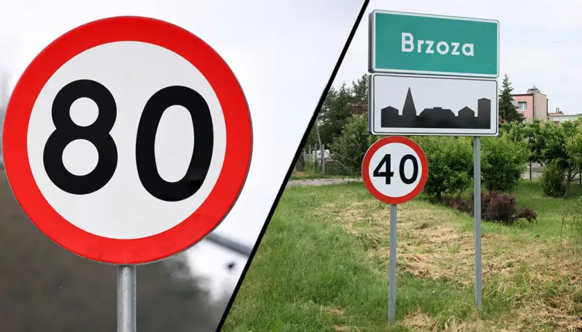 Znak b33 z ograniczeniem do 80 km/h po lewej, a po prawej znak miejscowości Brzoza z ograniczeniem do 40 km/h.