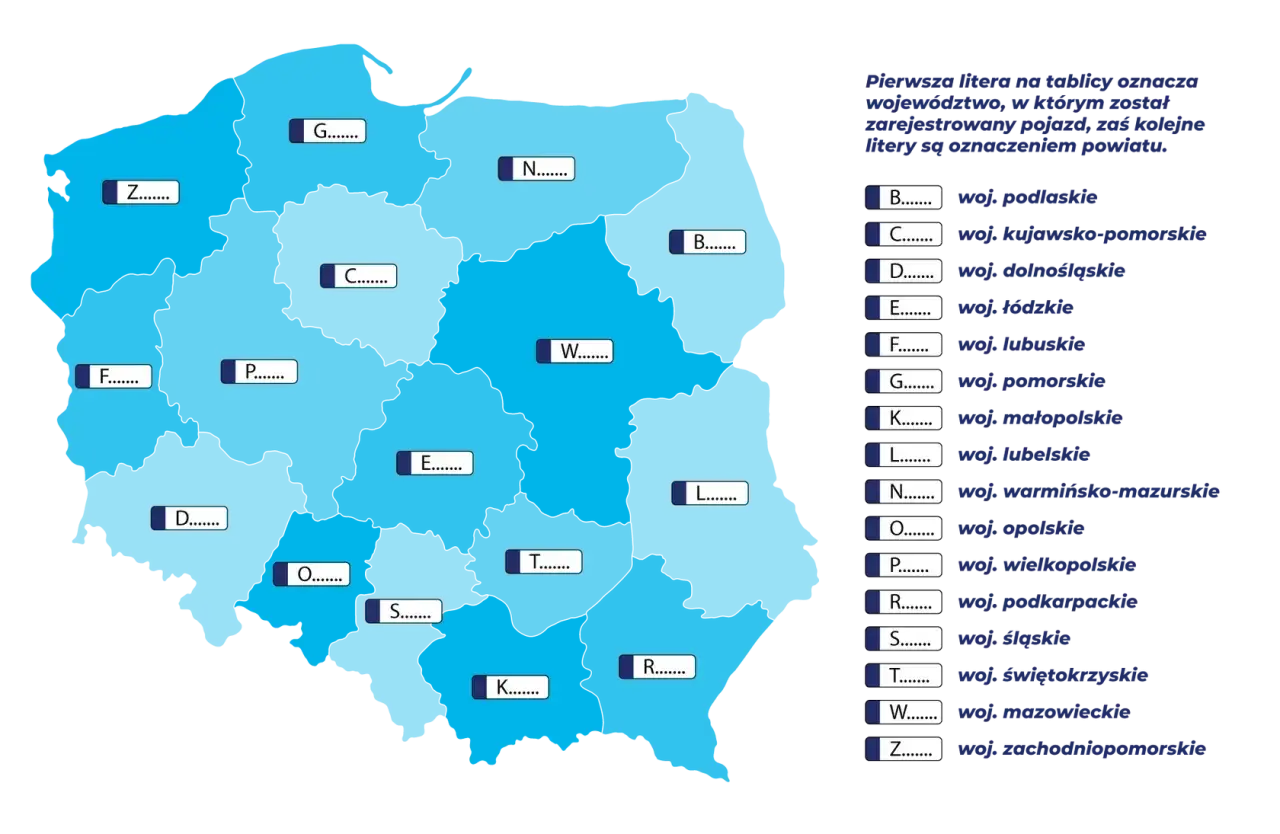 Mapa Polski z literami oznaczającymi województwa, gdzie pierwsza litera to województwo rejestracji pojazdu.