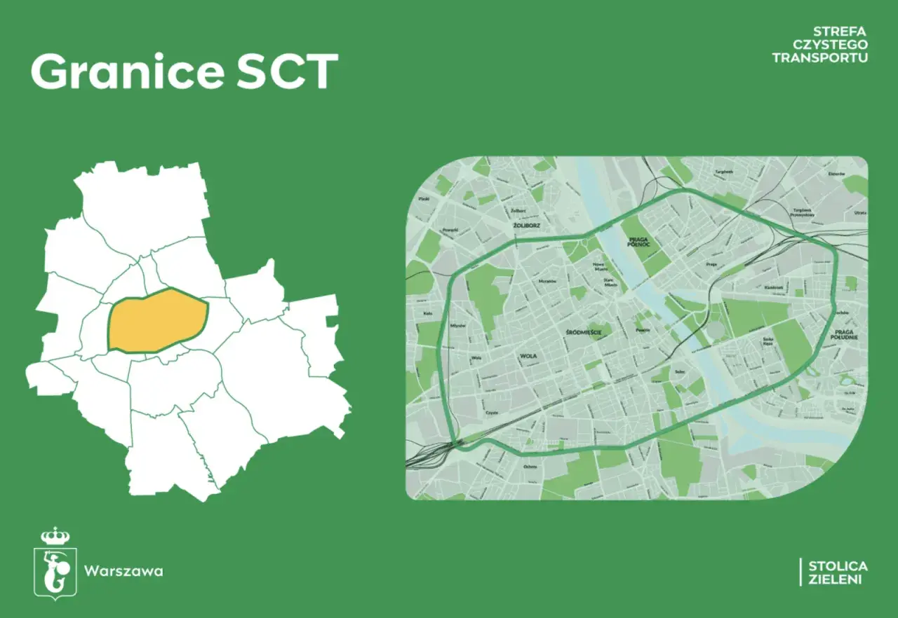 Mapa Warszawy z zaznaczonym obszarem kraków strefa czystego transportu. Obok szczegółowy plan miasta z wyznaczoną SCT.