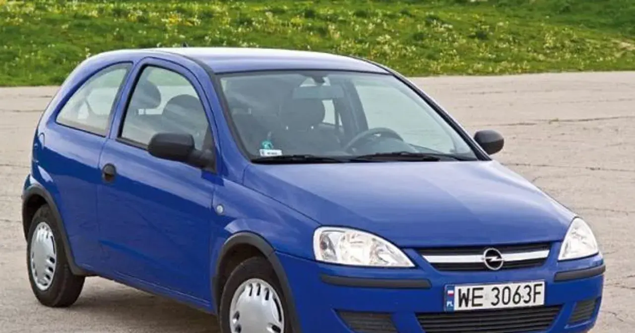 Niebieski Opel Corsa C 1.2 z tablicą WE 3063F stoi na tle zielonej łąki.