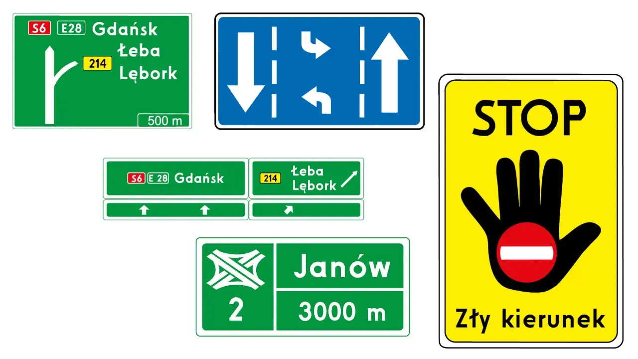 Zestaw znaków drogowych: kierunkowe, zakazu wjazdu i stop.