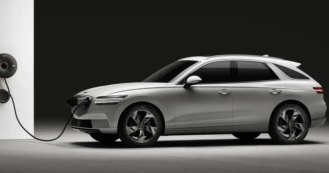 Biały Genesis GV70 na ładowarce. Elegancki SUV z charakterystycznym grillem i światłami LED.