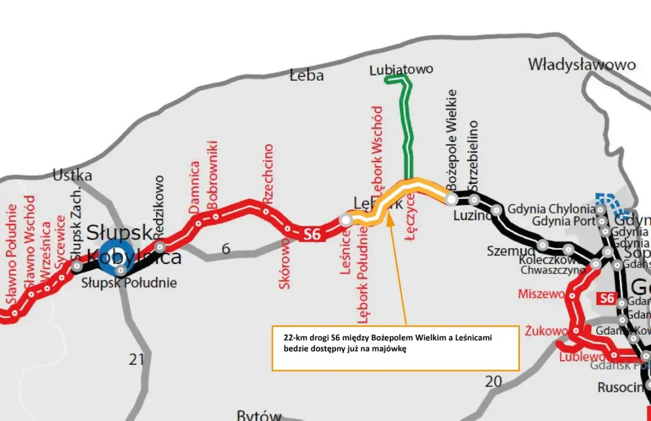 Mapa drogi S6: 22 km między Bożepolem Wielkim a Leśnicami będzie dostępne na majówkę.