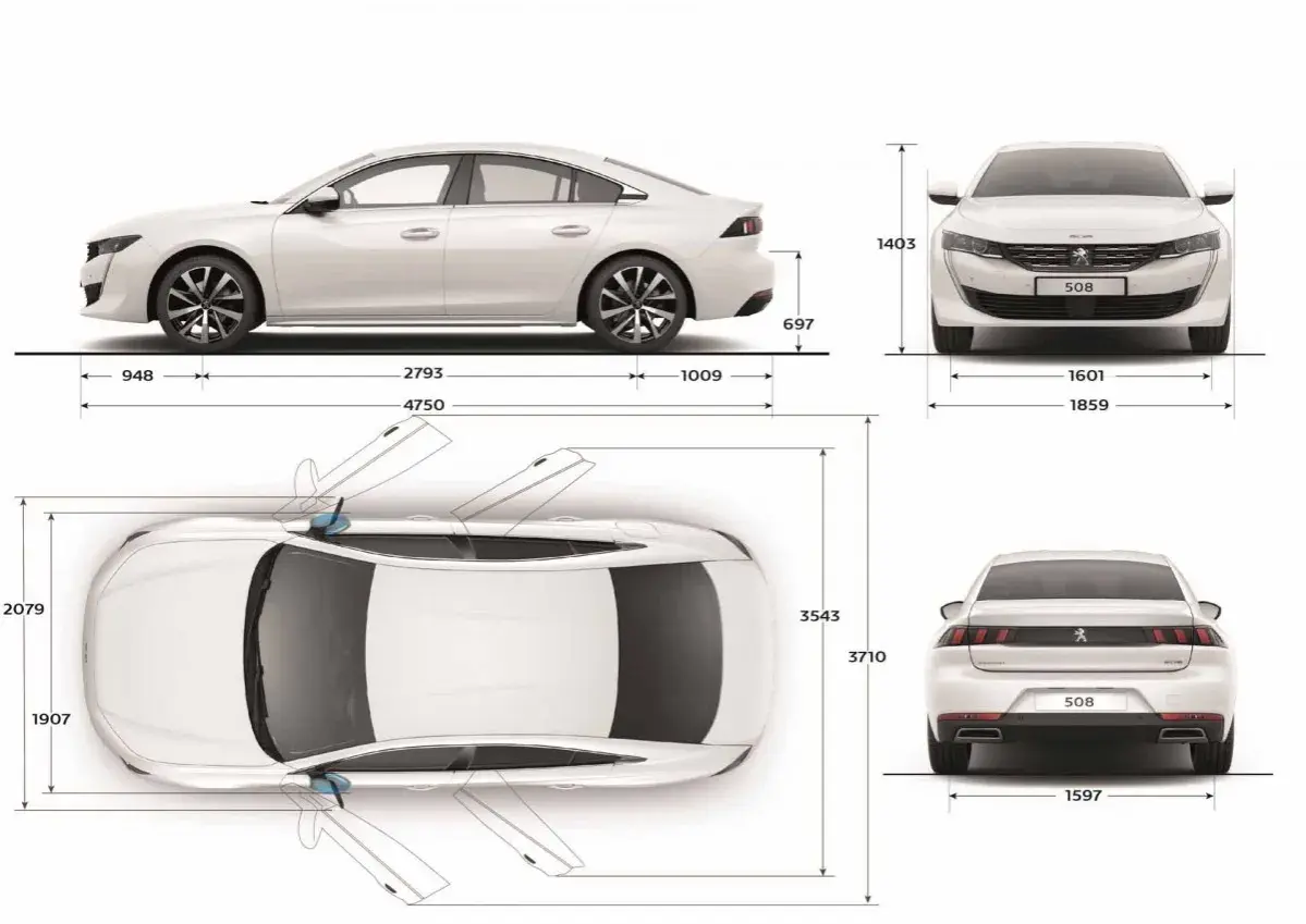 Peugeot 508 wymiary: widok z boku, przodu, tyłu i z góry z naniesionymi wymiarami. Długość 4750 mm, szerokość 1859 mm, wysokość 1403 mm.