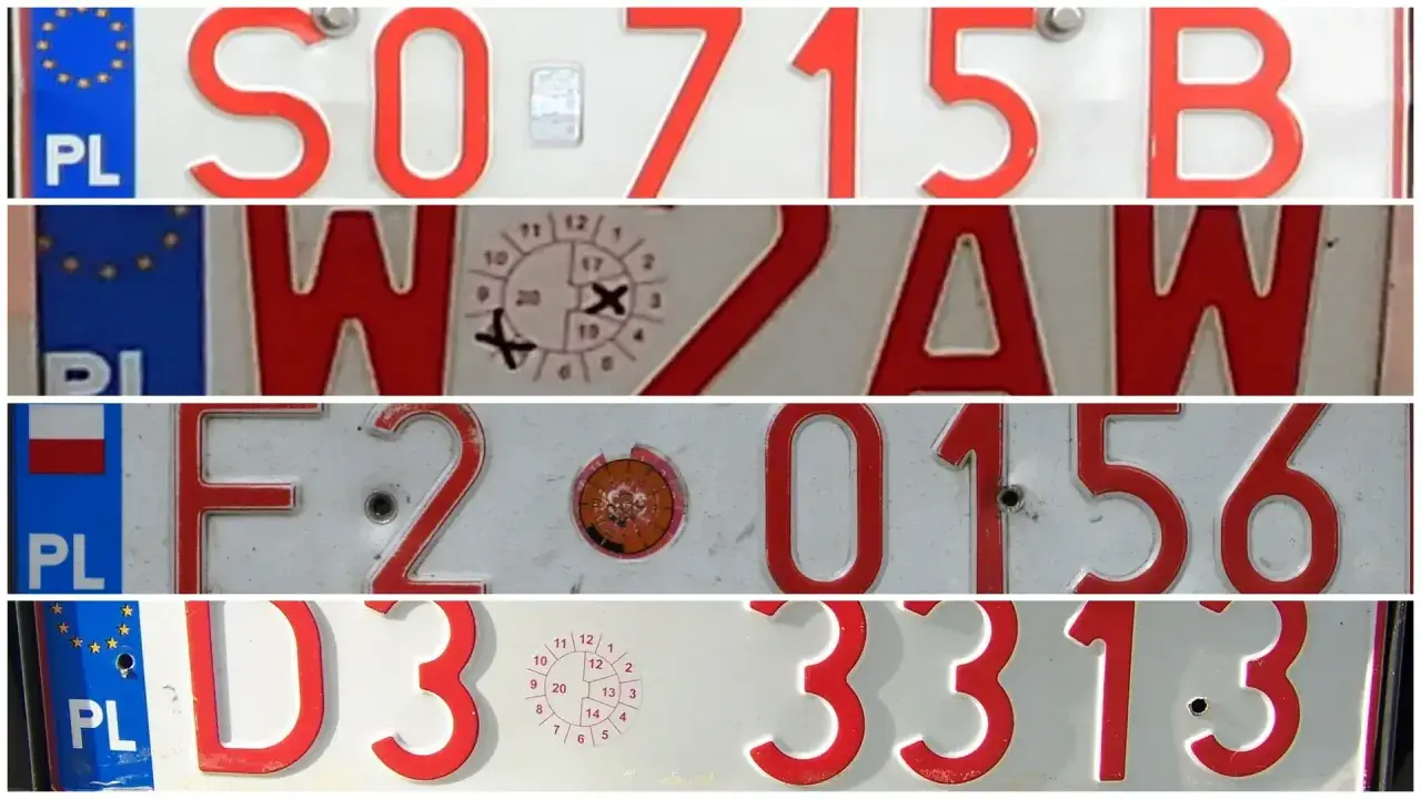 Czerwona rejestracja z numerami SO 715 B, WZAW, F2 0156, D3 3313.